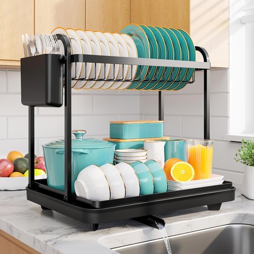 2-Tier Dish Drying Rack - Stainless Steel Kitchen Organizer with Cutlery Holders | 15" W x 11.4" L x 15" H, Black