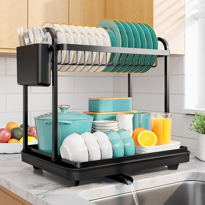 2-Tier Dish Drying Rack - Stainless Steel Kitchen Organizer with Cutlery Holders | 15" W x 11.4" L x 15" H, Black