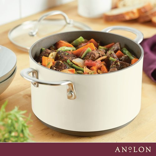 Anolon Achieve Hard Anodized Nonstick Saucepot with Lid, 4 Quart, Cream