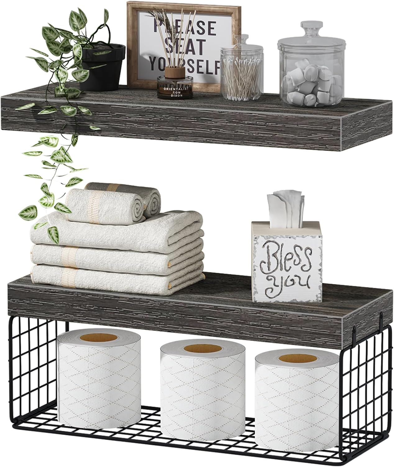 QEEIG Bathroom Shelves | Over Toilet Wall-Mounted Floating Storage - 16 Inch Set of 2, Grey Farmhouse Decor