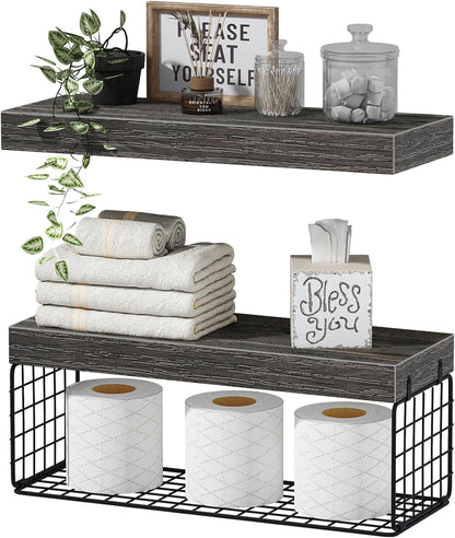QEEIG Bathroom Shelves | Over Toilet Wall-Mounted Floating Storage - 16 Inch Set of 2, Grey Farmhouse Decor