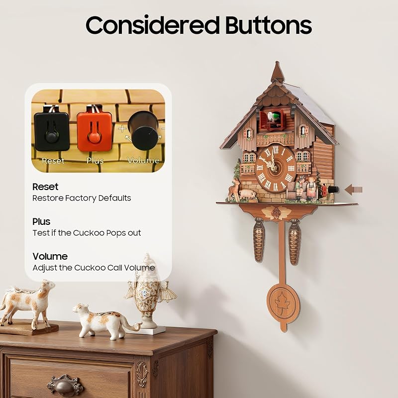 Wall Mounted Cuckoo Clock with Pendulum, Battery-Operated, Adjustable Volume