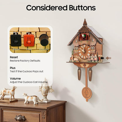 Wall Mounted Cuckoo Clock with Pendulum, Battery-Operated, Adjustable Volume