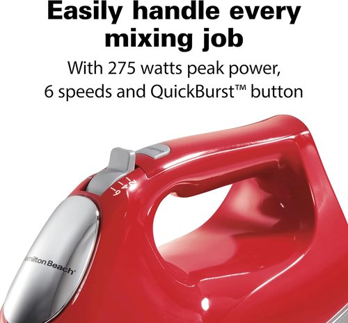 Hamilton Beach 6-Speed Electric Hand Mixer - Whisk, Beaters & Dough Hooks - Red, 275 Watts