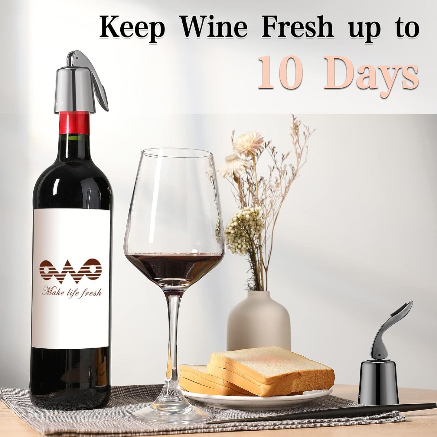OWO Stainless Steel Wine Bottle Stopper, Reusable Wine Saver with Silicone Seal, Decorative Bottle Sealer, Keeps Fresh（Metal Black, 1 Pack)