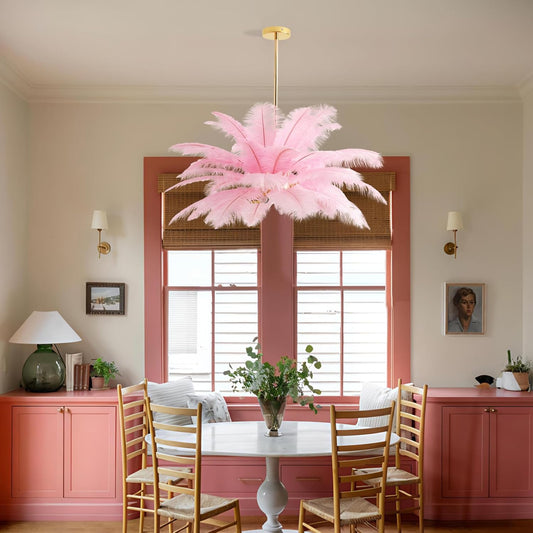 NZV Pink Feather Chandelier - Romantic Pendant Light for Girls' Room | 23.6in Ostrich Feathers, E14 Base