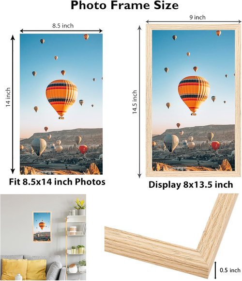 JCJMY Picture Frame - 8.5x14 Wall Mount for Horizontal or Vertical Display | Shatter-Resistant Plexiglass, Natural Finish