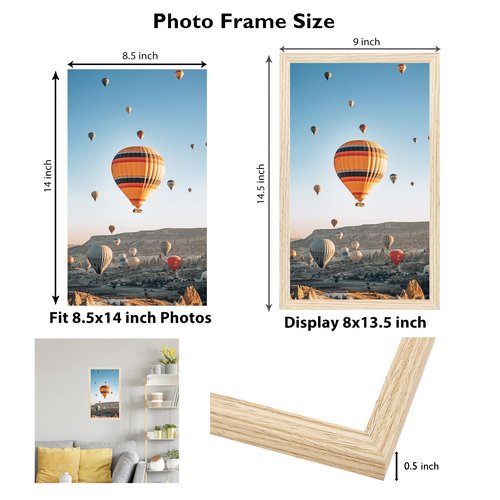 JCJMY 8.5x14 Picture Frame for Wall Hanging, Wall Mounting Horizontally or Vertically, 8.5 x 14 Wall Gallery Poster Photo Frame with Shatter Resistant Plexiglass, Natural
