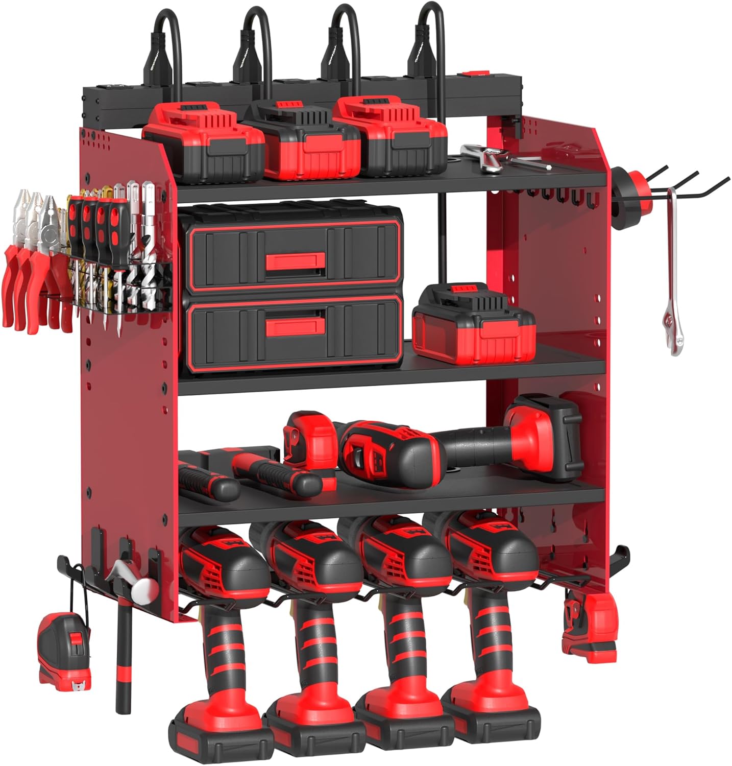 Power Tool Organizer - Wall Mount Charging Station with 8 Outlet Power Strips & Hooks | Heavy Duty 4 Layer Drill Storage Shelf