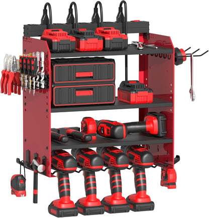 Power Tool Organizer - Wall Mount Charging Station with 8 Outlet Power Strips & Hooks | Heavy Duty 4 Layer Drill Storage Shelf