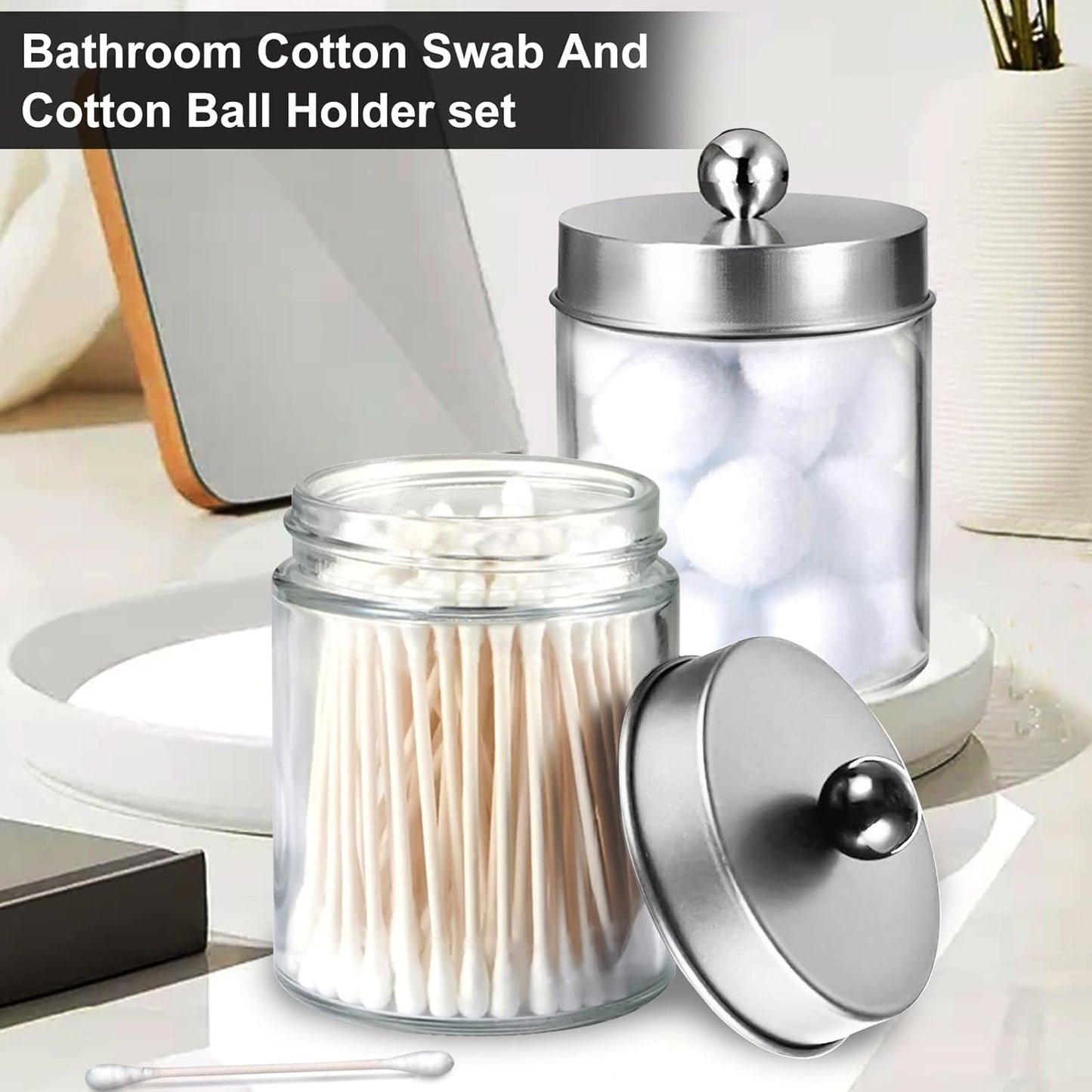 Qtip Holder Set by [Brand Name] - Clear Plastic Apothecary Jars with Lids for Cotton Swabs | 4 Pack