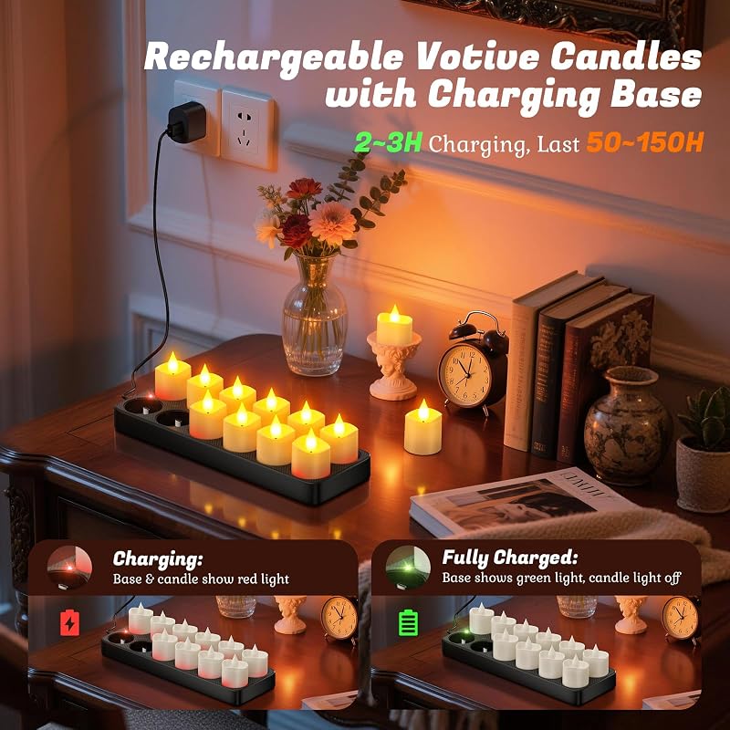 Rechargeable Flameless Candles with Remote & Charging Base — 12pcs with Charging Station