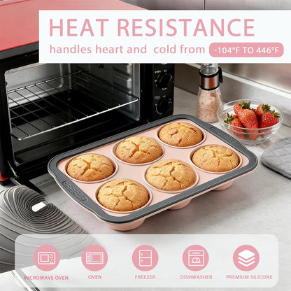 Skiennix Silicone Muffin Pan - Nonstick 6-Cavity Cupcake Mold with Metal Frame | Dishwasher Safe