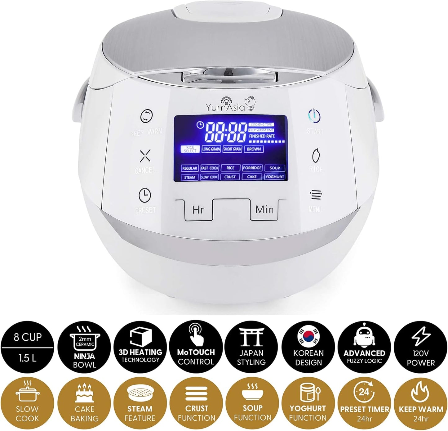 Yum Asia Sakura Rice Cooker - Advanced Fuzzy Logic with Ceramic Bowl | 8 Cup Capacity, White & Silver