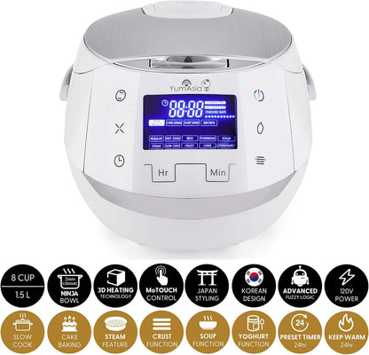 Yum Asia Sakura Rice Cooker - Advanced Fuzzy Logic with Ceramic Bowl | 8 Cup Capacity, White & Silver