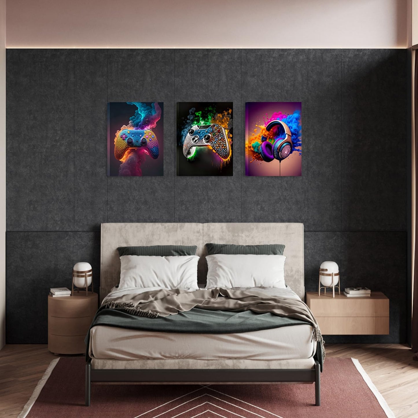 SEHSUVC Gaming Room Canvas Wall Art - Set of 3 Gamer Posters | Framed 12x16 In Pictures for Boys' Rooms