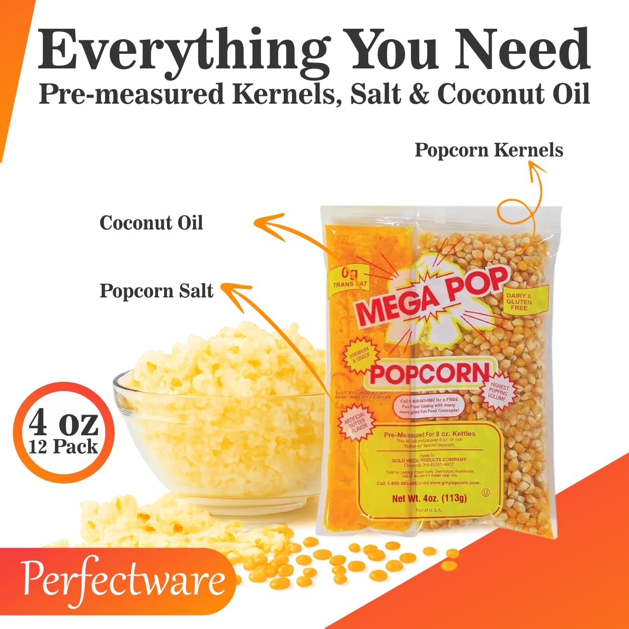 Perfectware Popcorn Portion Packets - Kernels, Salt & Coconut Oil for Popping Machine | 4 oz, 12 Count