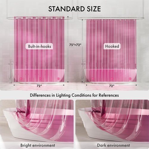 AmazerBath No Hook Shower Curtain and Liner 3-in-1, 8G Luxury Heavy Duty Clear Hot Pink No Hook Shower Curtain Liner, 72x75 Cute EVA Bathroom Weighted Plastic Shower Curtain with 3 Heavyweight Stones