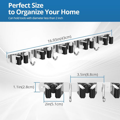 Skiennix Broom Holder - Heavy Duty Wall Mount Organizer with 5 Racks & 4 Hooks | Ideal for Kitchen, Garden, Garage