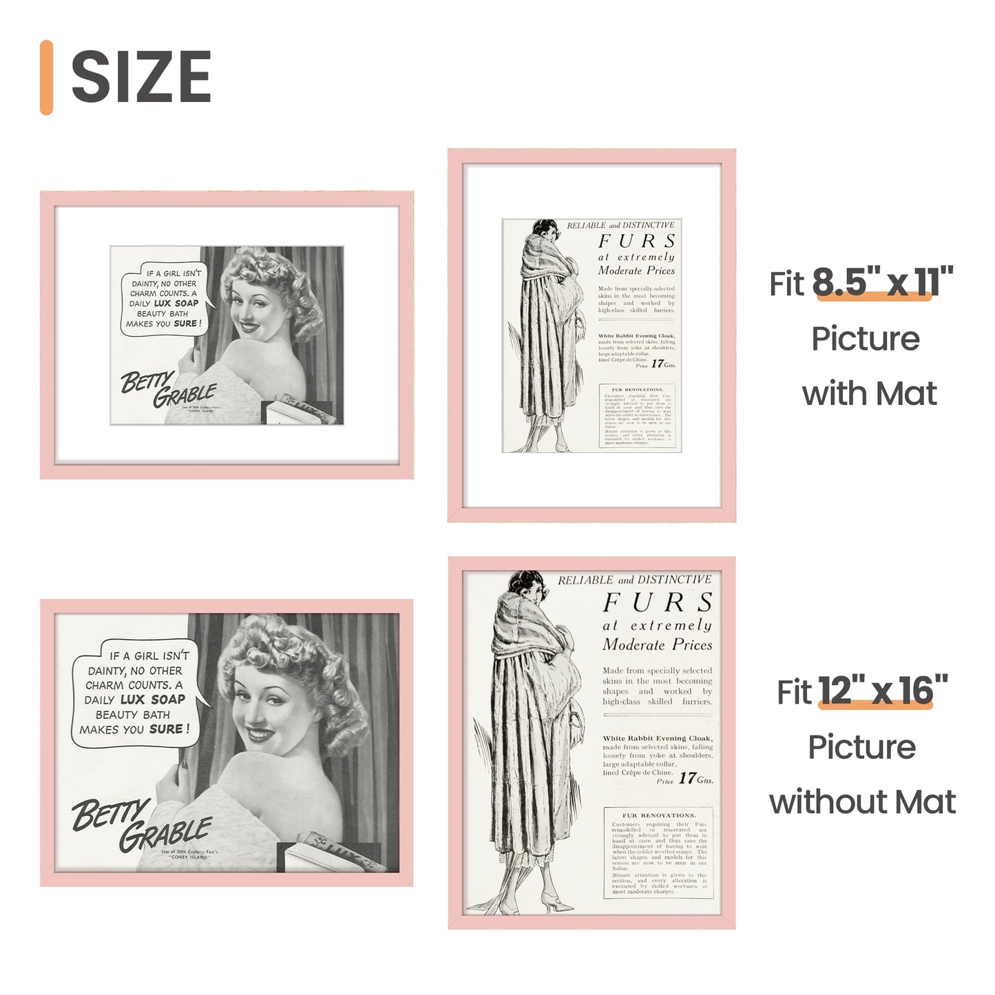 upsimples 12x16 Picture Frame, Display Pictures 8.5x11 with Mat or 12 x 16 Without, Wall Hanging Poster Frames, Pink, 1 Pack