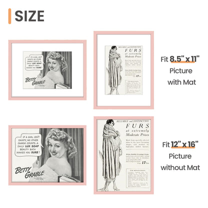 upsimples 12x16 Picture Frame, Display Pictures 8.5x11 with Mat or 12 x 16 Without, Wall Hanging Poster Frames, Pink, 1 Pack