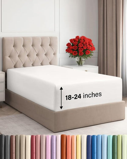 Extra Deep Twin Fitted Sheet - Hotel Luxury Single Fitted Sheet Only - Easily Fits 18 inch to 24 inch Mattress - Ultra Soft, Wrinkle Free with Extra Deep Pockets - Breathable & Comfy - Antique White
