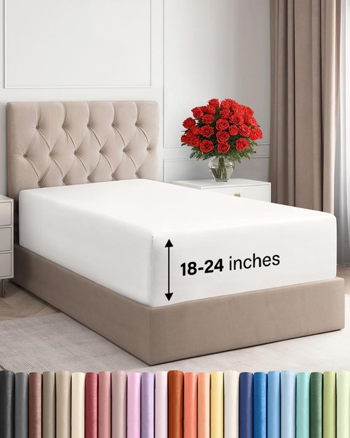 Extra Deep Twin Fitted Sheet - Hotel Luxury Single Fitted Sheet Only - Easily Fits 18 inch to 24 inch Mattress - Ultra Soft, Wrinkle Free with Extra Deep Pockets - Breathable & Comfy - Antique White