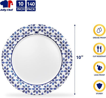 JOLLY CHEF 10-Inch Heavy Duty Disposable Paper Plates - 140 Count, Soak Proof & Cut Proof
