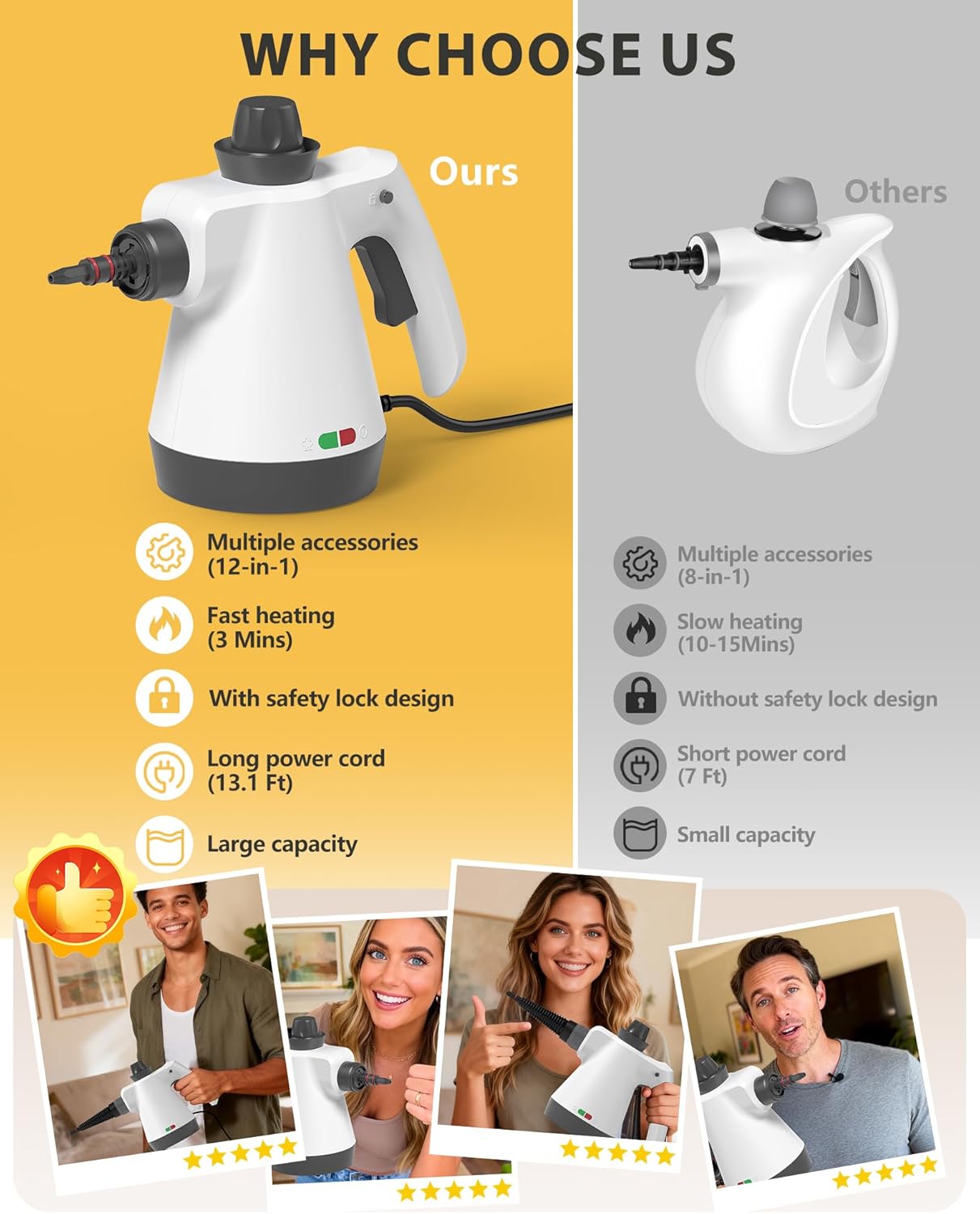 Steam Cleaner, Pressurized Handheld Steam Cleaner for Home with 12pcs Accessories & Safety Lock, Multi-Surface Powerful Natural Steamer for Deep Cleaning Grout, Kitchen, Bathroom, Car, Windows, White
