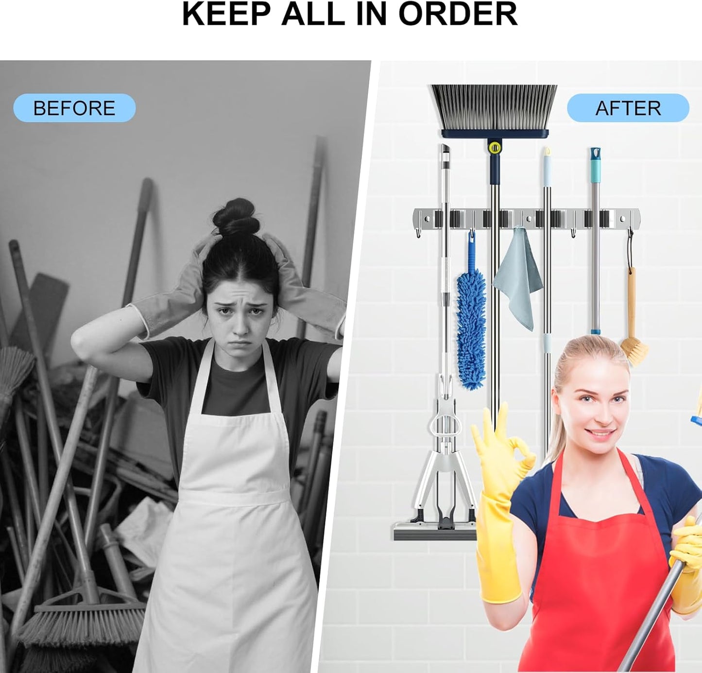 Nacena Broom Holder Wall Mount - Heavy Duty Stainless Steel Mop Hanger with 4 Racks & 5 Hooks | Silver