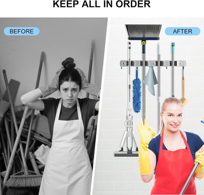 Nacena Broom Holder Wall Mount - Heavy Duty Stainless Steel Mop Hanger with 4 Racks & 5 Hooks | Silver