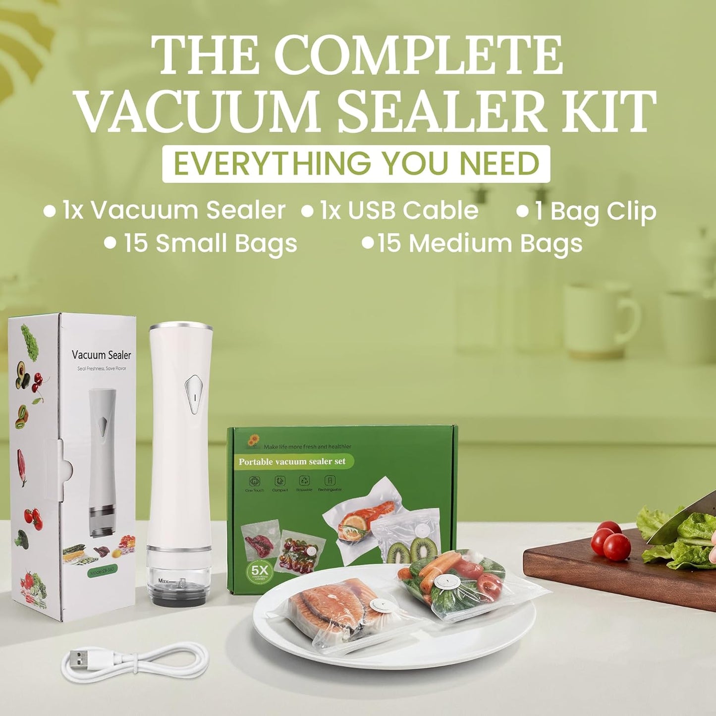 Skiennix Handheld Vacuum Sealer - USB Rechargeable with 30 Reusable Bags | Compact Food Storage Solution