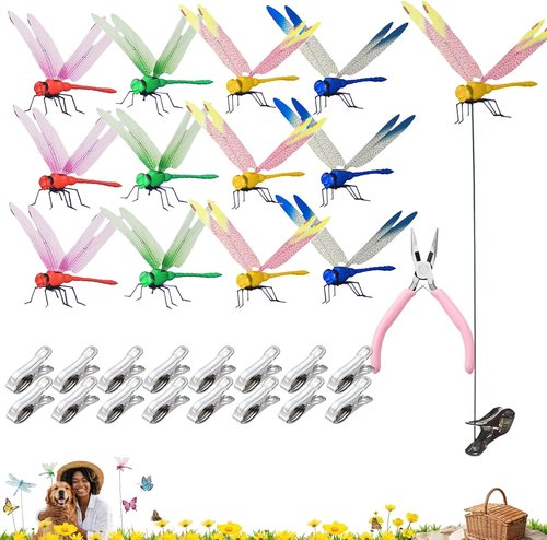 Jongdari Dragonfly Hat Clip - Realistic Fake Dragonflies for Garden Decor | 12 Sets with Pliers & Clips