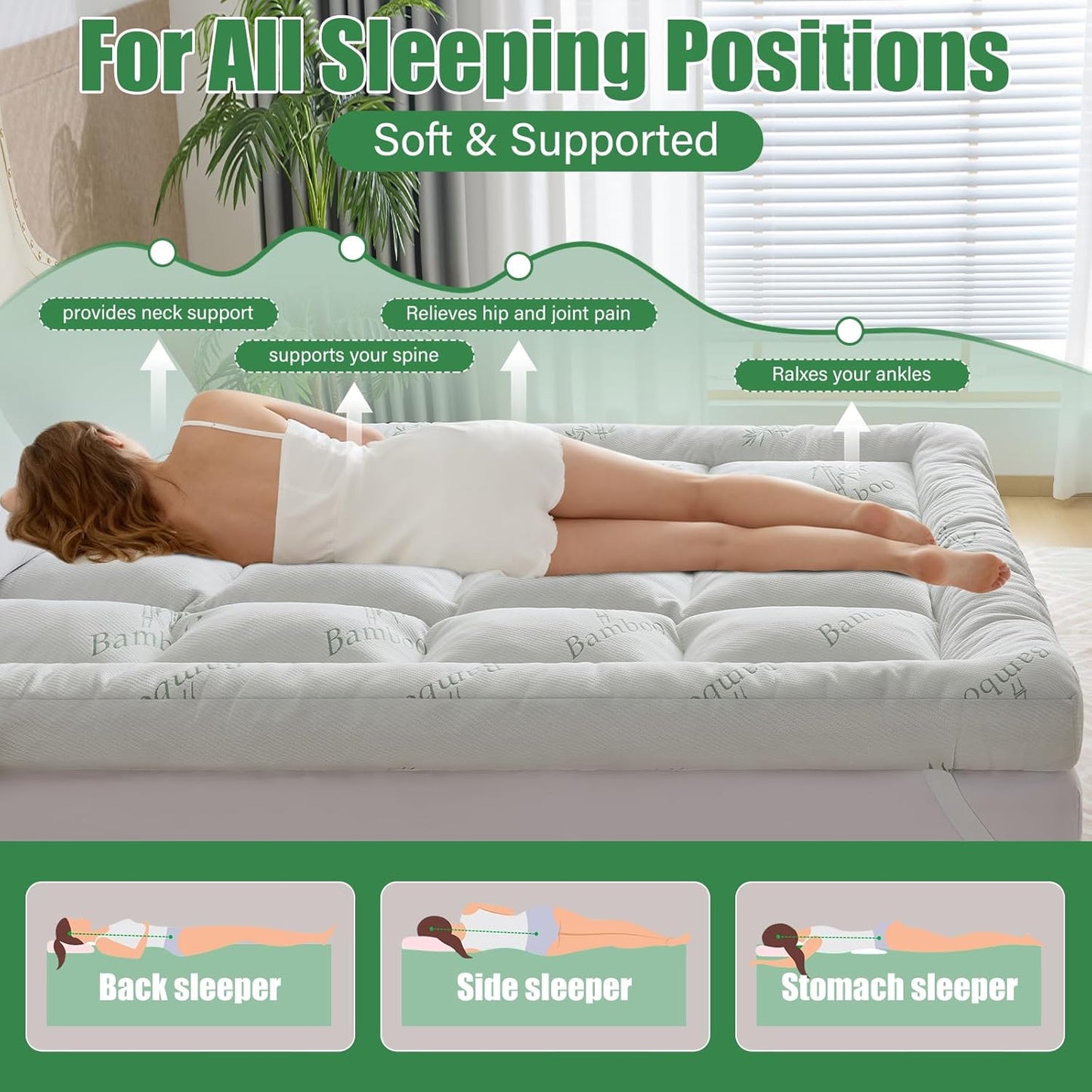 WhatsBedding 5-Inch Memory Foam Mattress Topper - Soft Bamboo Viscose, Breathable Comfort | Queen Size 80x60in