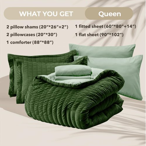 HYMOKEGE Dark Green/Sage Green Queen Comforter Set Seersucker 7 Pieces, All Season Luxury Bed in a Bag Queen for Bedroom, Bedding Set with Comforter, Sheets, Pillowcases & Shams