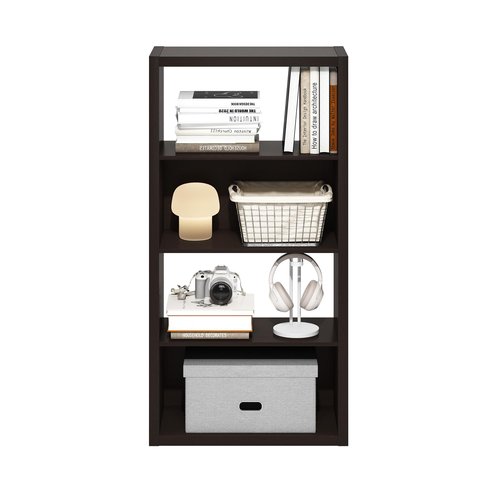 Furinno Viola Book Shelf, 4-Tier Bookshelf, Extra Thick Frame Bookcase with Open Shelf, Open Back Design, 11.3" x 23.2" x 45.4", for Living Room, Bedroom, Home Office, Black Dark Oak
