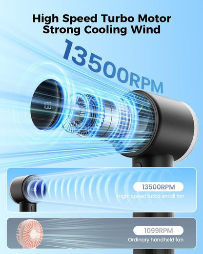 **SWEETFULL Portable Handheld Fan - Rechargeable Mini Turbo Fan with Flashlight & Digital Display | Travel Essential (Black)**