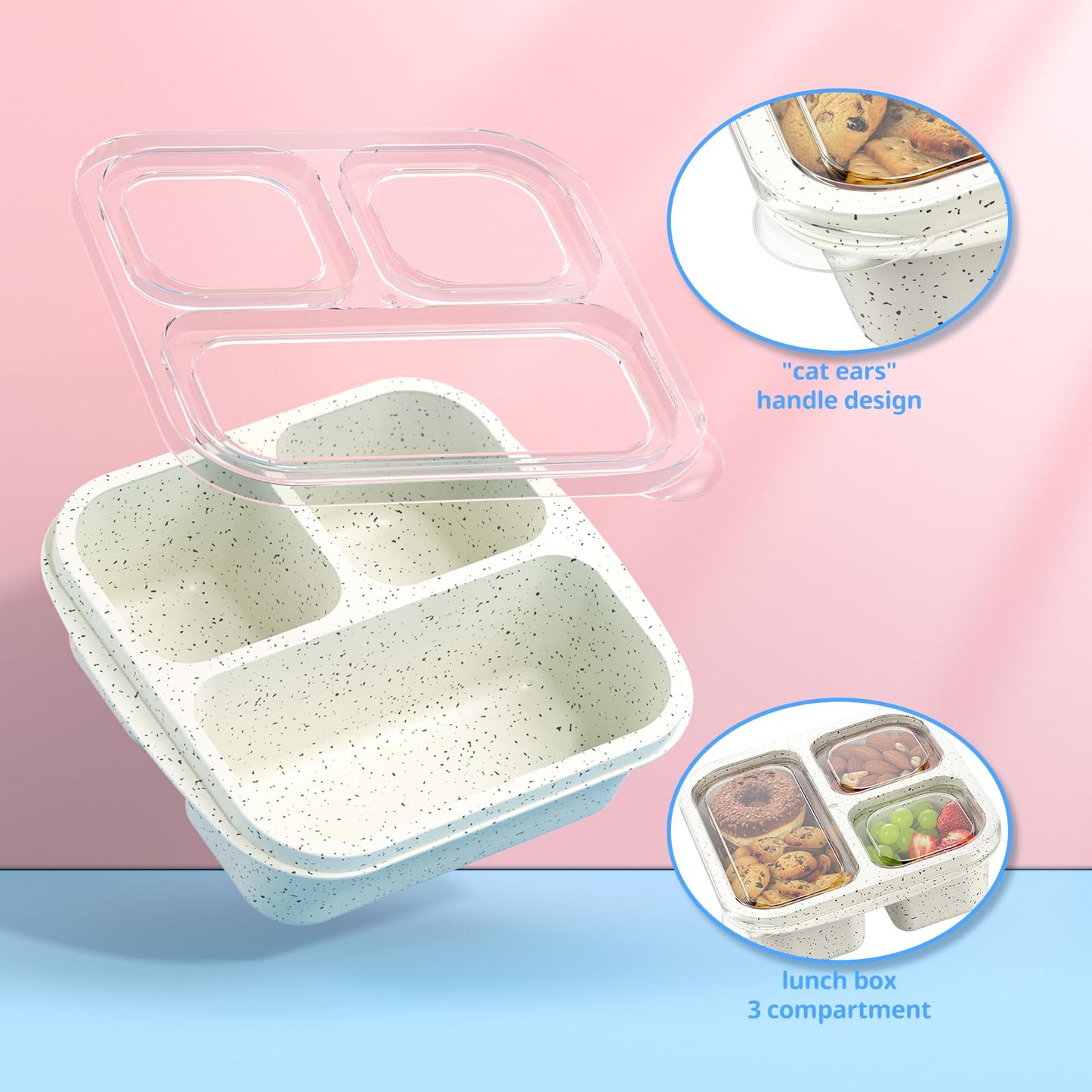 Enstphjoy Snack Boxes (3 Pack) - Stackable Bento Boxes with 3 Compartments, Meal Prep Containers Reusable, Lightweight Lunch Containers for Kids and Adults, BPA Free (Off White)