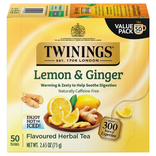 Twinings Lemon & Ginger Tea - Refreshing Ginger Root and Lemon Tea, Naturally Caffeine-Free Herbal Tea Bags Individually Wrapped, 50 Count