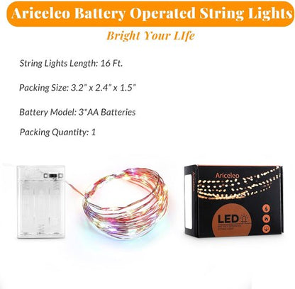 Ariceleo LED Fairy Lights - Battery Operated Copper Wire String Lights | 5m/16ft Multi-Colored for Bedroom, Weddings, Parties