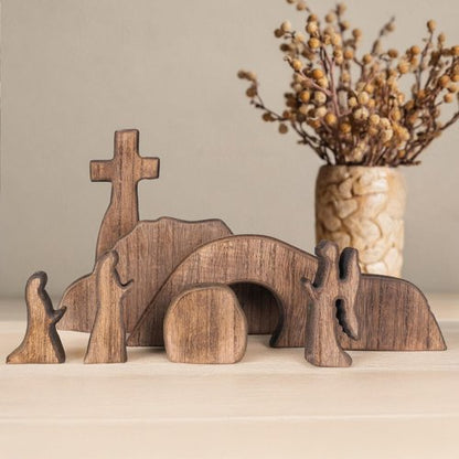 NEROSUN Empty Tomb Easter Scene and Cross Decoration, Wooden Easter Resurrection Scene Cross Jesus Tomb Tray Set, Jesus Nativity Scene Decor for Religious Home Office Tabletop Christian Gifts