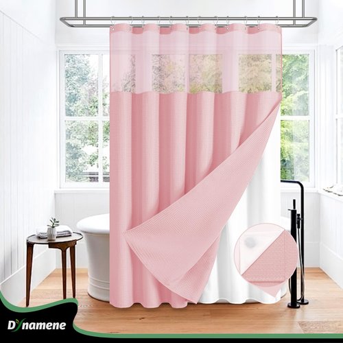 Dynamene 78 Inch Long Shower Curtain, Tall Waffle Fabric Shower Curtains for Bathroom, Hotel Waterproof Cloth Shower Curtain Liner Set with Hooks, Snap in Liner, Mesh Top Window, Pink, 72x78