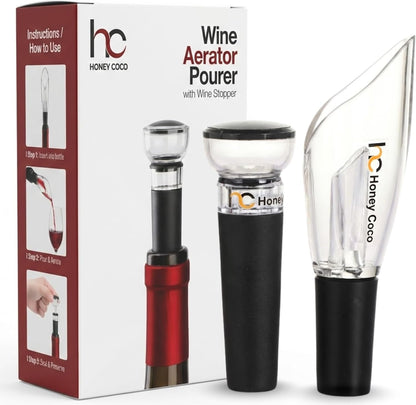 Wine Aerator Pourer with Vacuum Pump Stopper - 2-Piece Gift Set, Drip-Resistant Wine Pourer Spout, Instant Aeration for Smoother Taste, Wine Saver for Open Bottles, BPA-Free