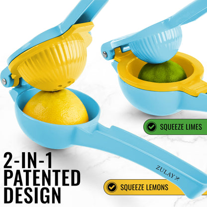 Zulay Metal 2-In-1 Lemon Squeezer Manual - Sturdy, Max Extraction Hand Juicer Lemon Squeezer Gets Every Last Drop - Easy to Clean Manual Citrus Juicer - Easy-to-Use Lemon Juicer Squeezer - Blue/Yellow