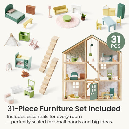 Tiny Land Wooden Dollhouse - 6 Rooms DIY Pretend Play House with 31 Furniture Pieces | Green Gift for Girls Ages 3+