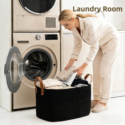 BOLDMONKEY 72L Laundry Basket with Leather Handles,Woven Cotton Rope Blanket Basket,Toy Bin for Baby Room,Laundry Hampers for Bedroom, Living Room,Bathroom,22"x17"x11.8" Black