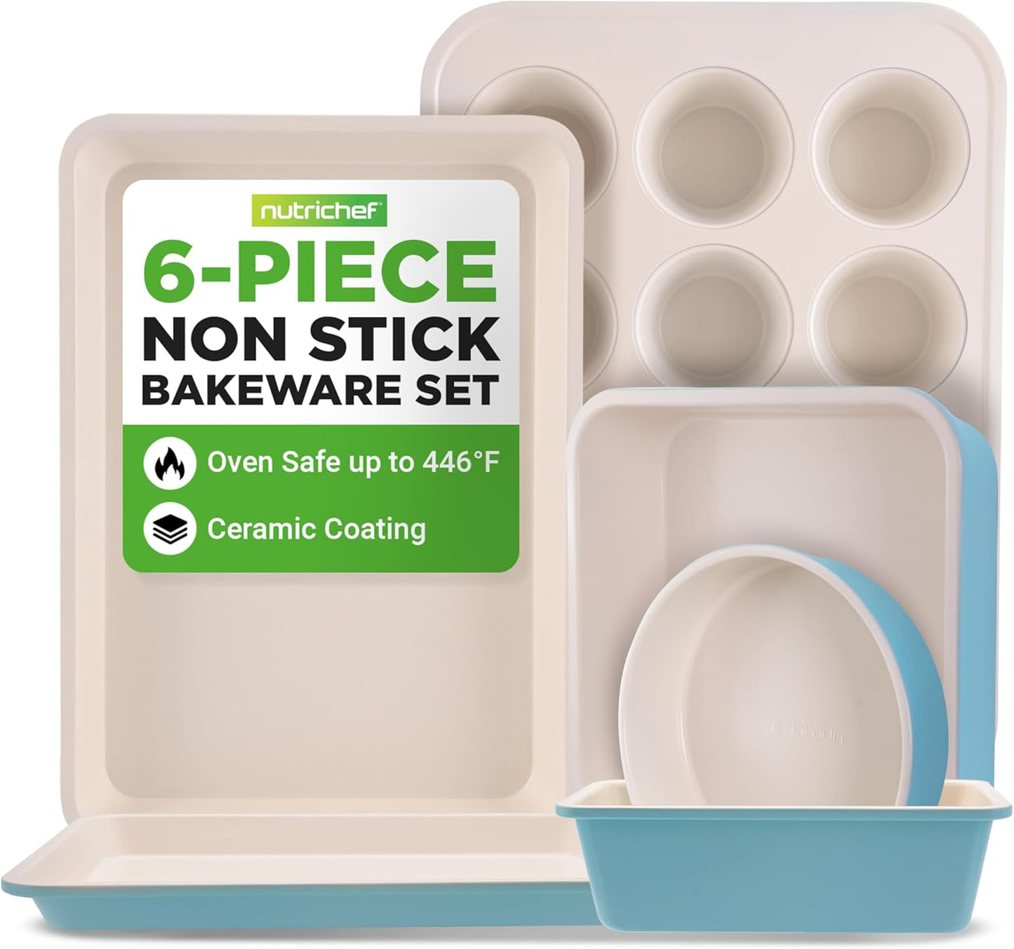 NutriChef 6-Piece Baking Pan Set - Premium Ceramic Nonstick Carbon Steel Bakeware | Includes Muffin, Cake, Loaf, & Cookie Pans - Turquoise