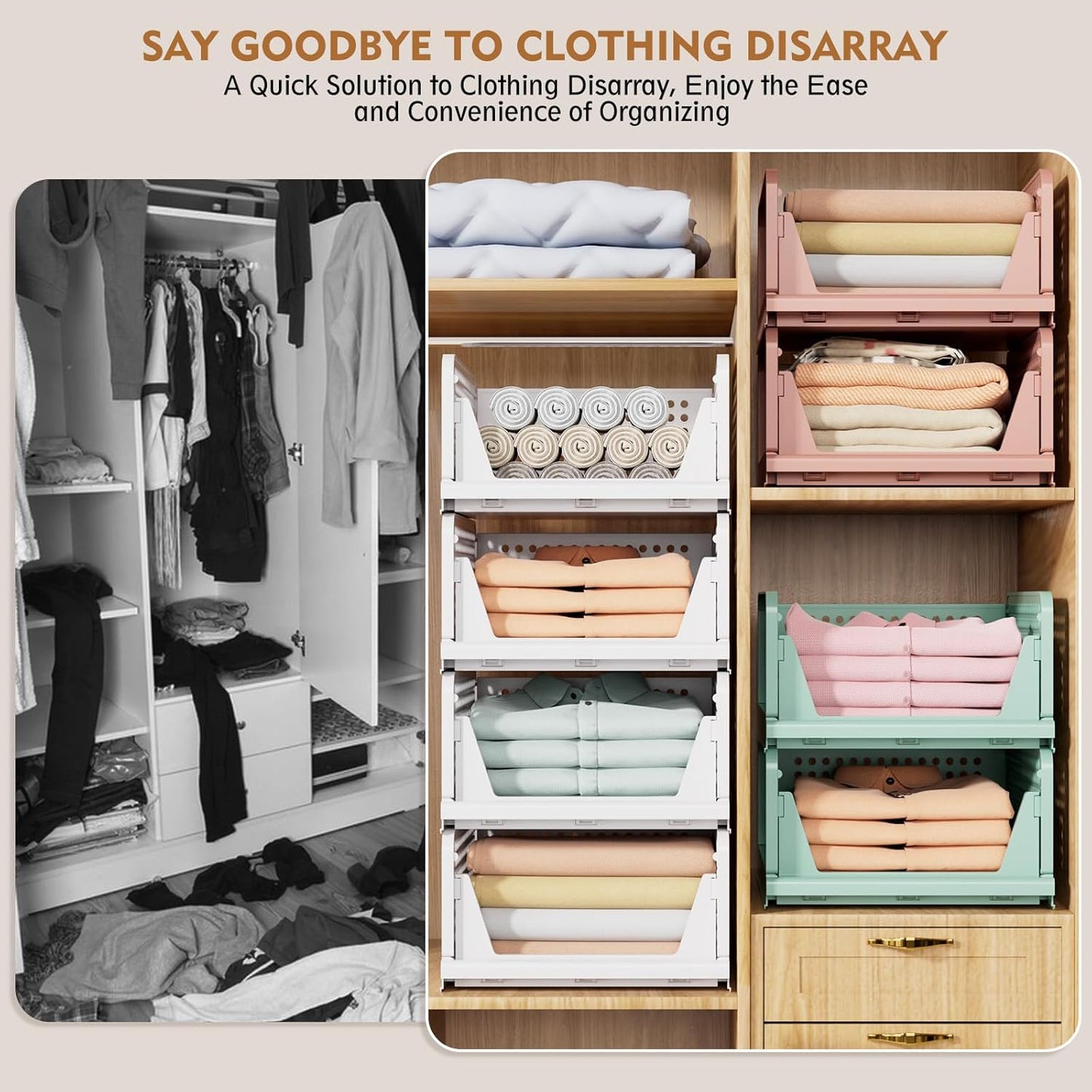 SNSLXH Stackable Closet Storage Baskets - Multifunctional & Foldable Organizer for Bathroom, Kitchen, Laundry | White, 5 Pack