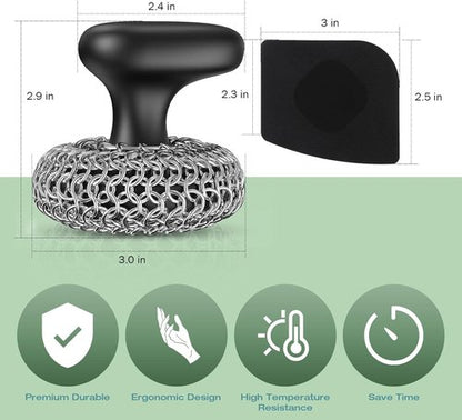 Cast Iron Scrubber - 316 Chainmail Dish Scrub Brush for Pans | Dishwasher Safe Cleaning Kit, Black