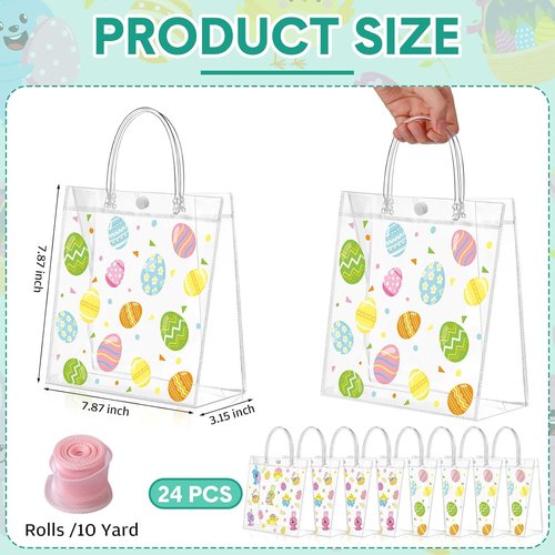Hosuly 24 Pcs Easter Clear PVC Gift Bags with Handles Plastic Colorful Egg Favor Bags with Ribbon Easter Bunny Candy Goodie Handbags for Spring Birthday Party Supplies, 7.8 x 7.8 x 3.1 Inch